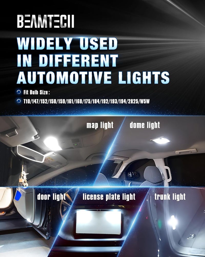 BEAMTECH 194 LED Bulbs, 6500K White Light, 168 2825 W5W T10 LED Light Build-in CANBUS for Interior Dome Map Door License Courtesy Dash Lights, 10 Bulbs. - Image 2